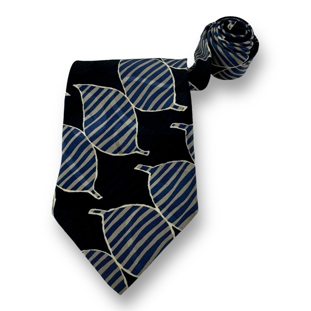 BOSS Hugo Boss Made in Italy Blue w/ Gray Leaf Design Silk Tie Size 3.75"W 58"L‎